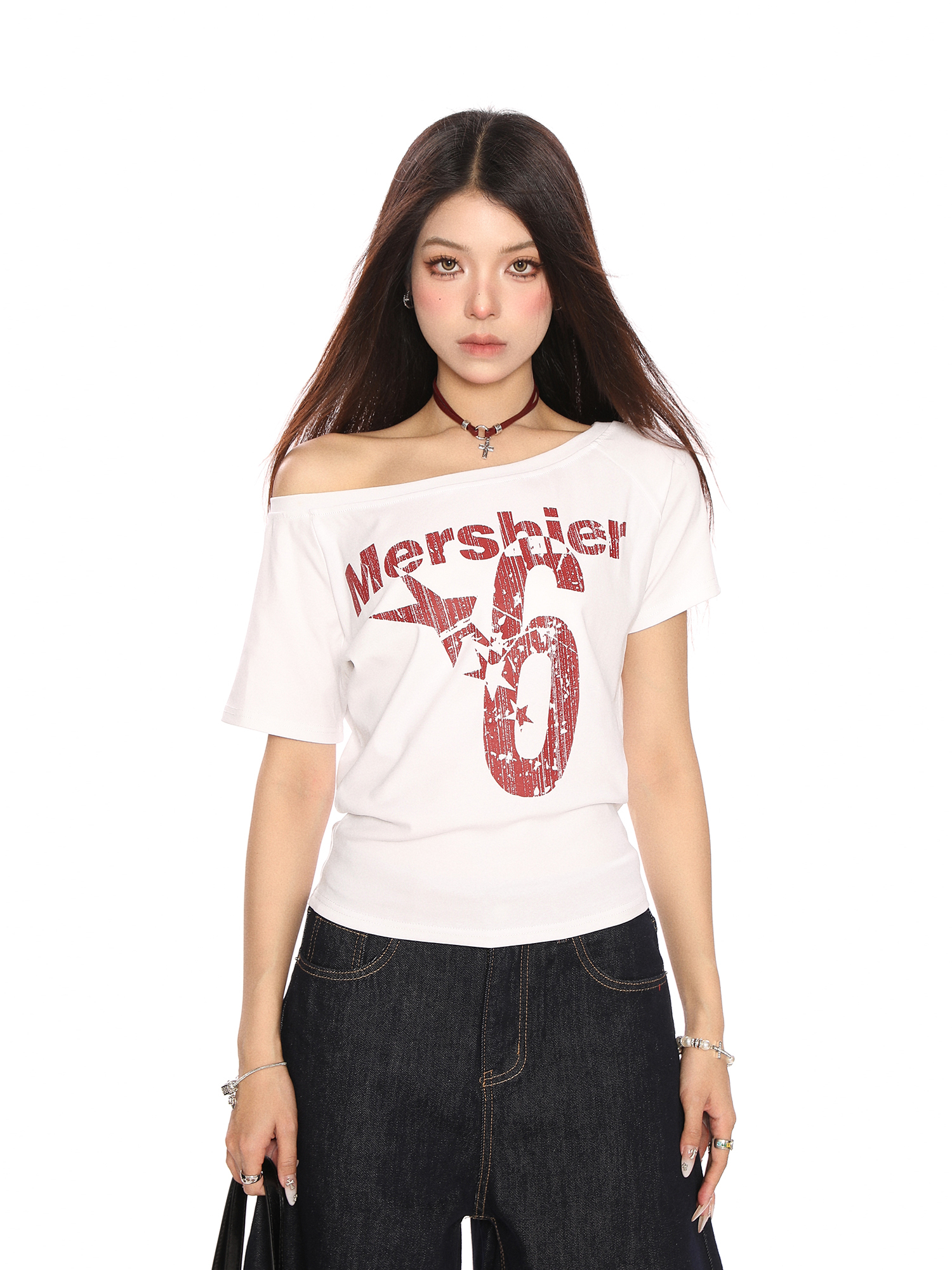 Off-Shoulder Letter Print Short Sleeve T-Shirt for Women - Spicy Girl Summer Slim Fit Top in American Style