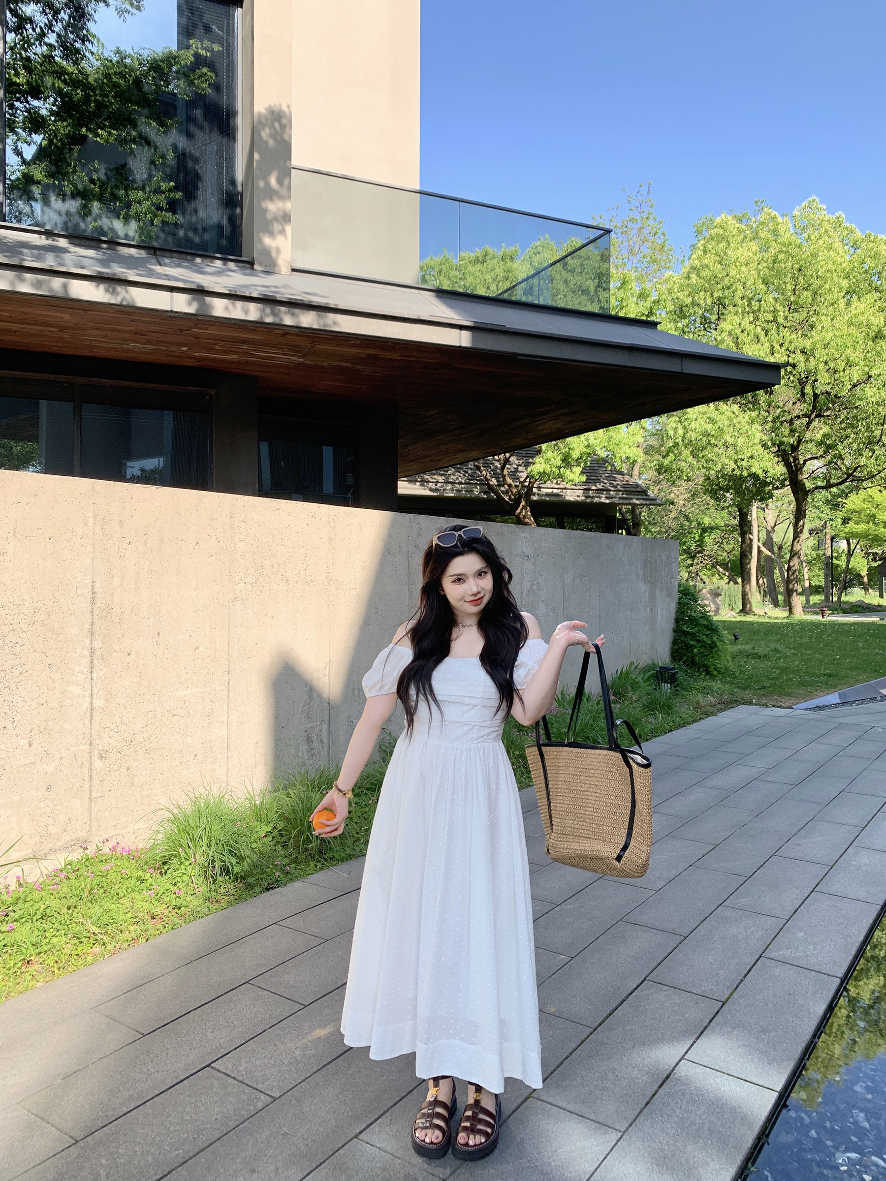Off-Shoulder Little White Dress with Pleats, Embroidery, and Polka Dots – South France Holiday Style