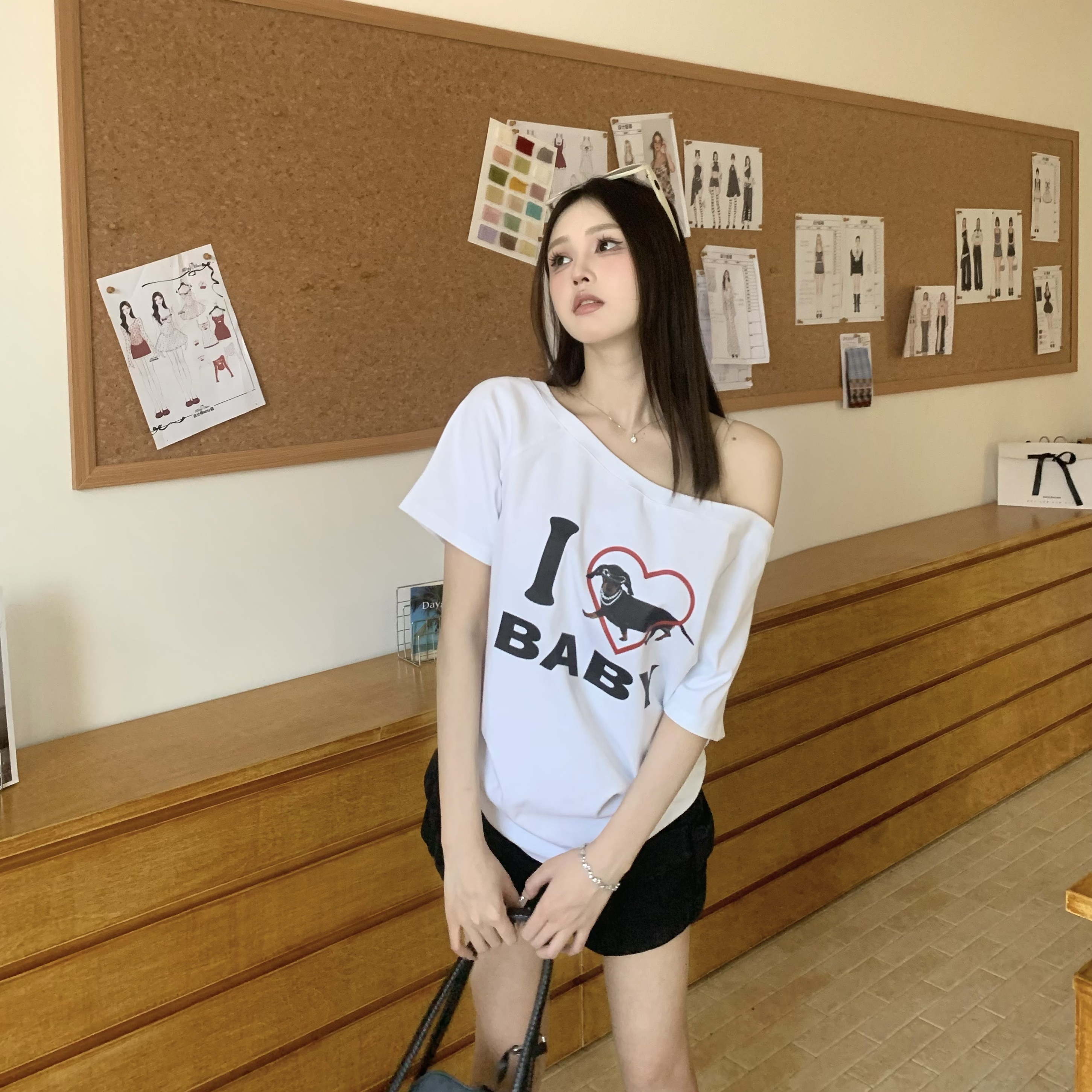 Off-Shoulder Short Sleeve Love Heart T-Shirt for Women - Casual Summer Asymmetrical Top, 90s Inspired, Spicy Sister Style