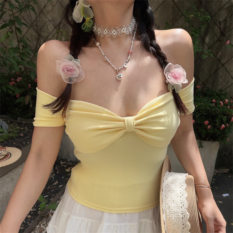 One-Shoulder Elastic Solid Color Short Sleeve T-Shirt Top with Bow - Sweet Vacation Style for Spring Summer