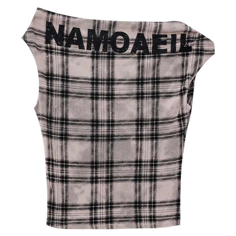 One-Shoulder Plaid Vest for Women - Spicy Girl Summer Slimming Top with Letter Design - Trendy Y2K Fashion