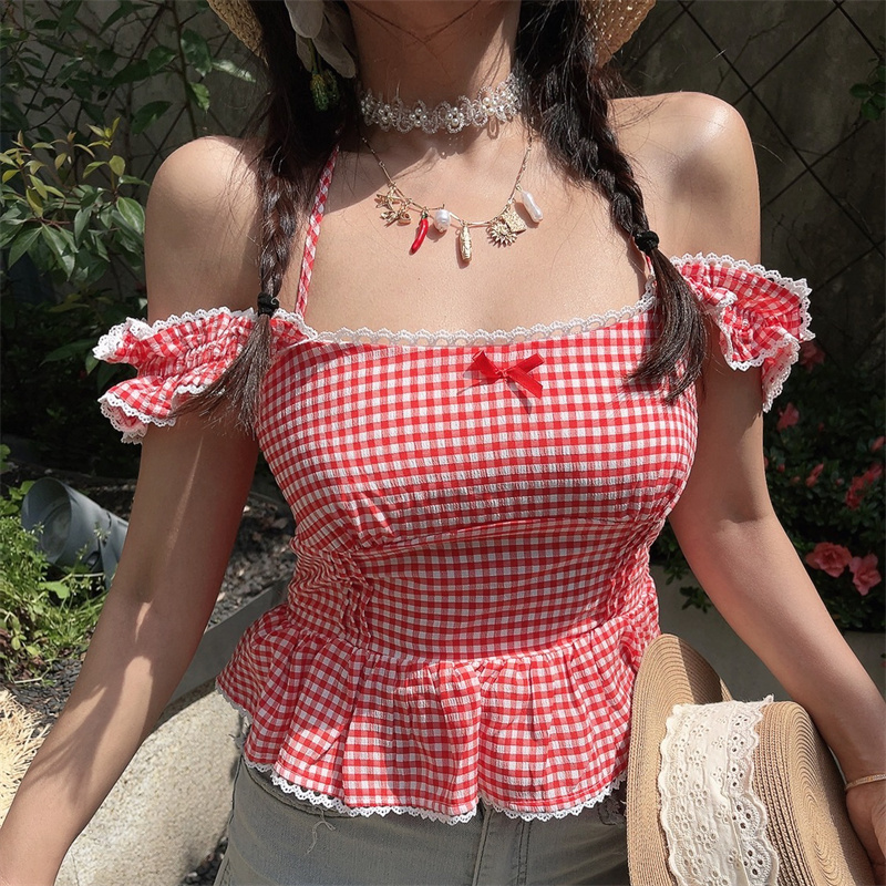 One-Shoulder Ruffled Bow Tie Blouse - Handmade Spring Summer Vacation Top in French Style