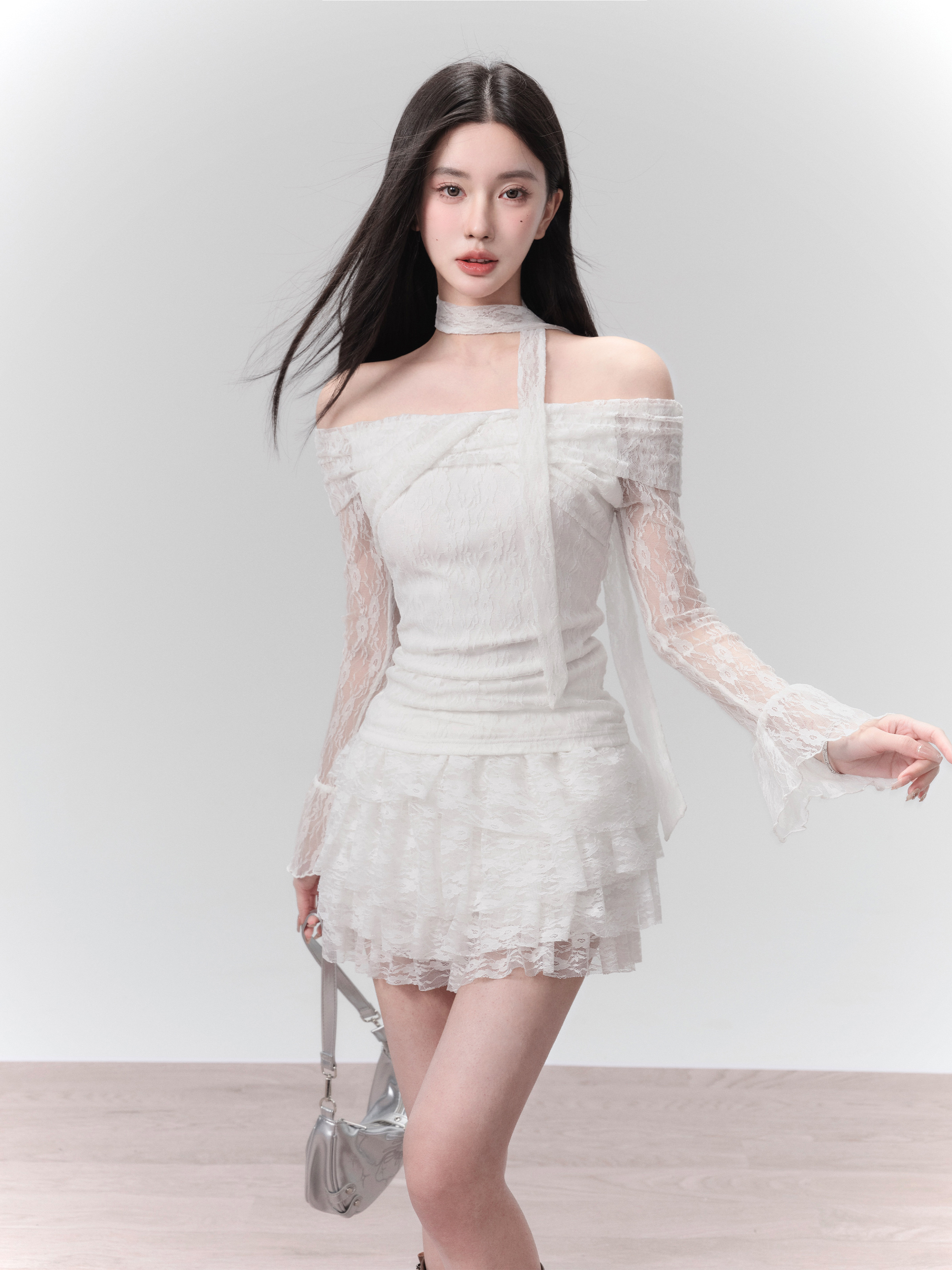 One-Shoulder White Lace Dress Set - Moonlight Lovers Elegant Design, Perfect for 90s and Y2K Inspired Fashion