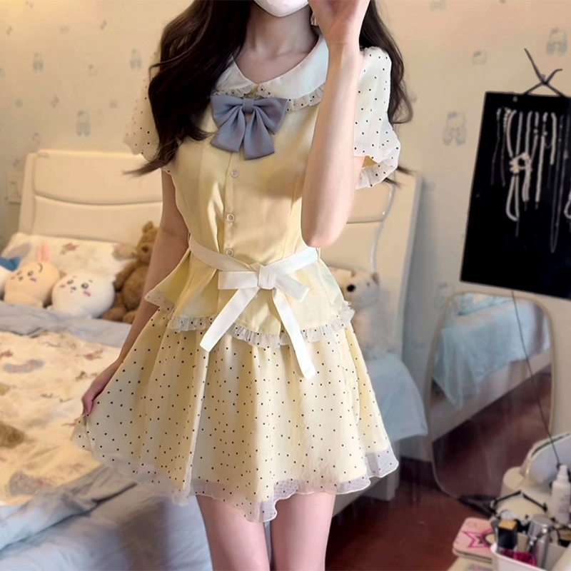 Original JK Uniform Yellow Doll Collar Top with Pudding Bear and Polka Dot Skirt Set - Women's Summer College Style