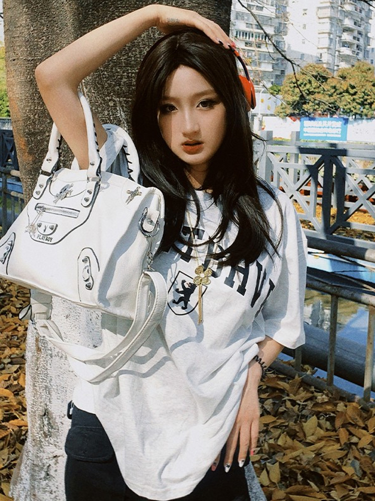 Oversized Gray Retro T-Shirt for Women - Short Sleeve Vintage Y2K American Style Top