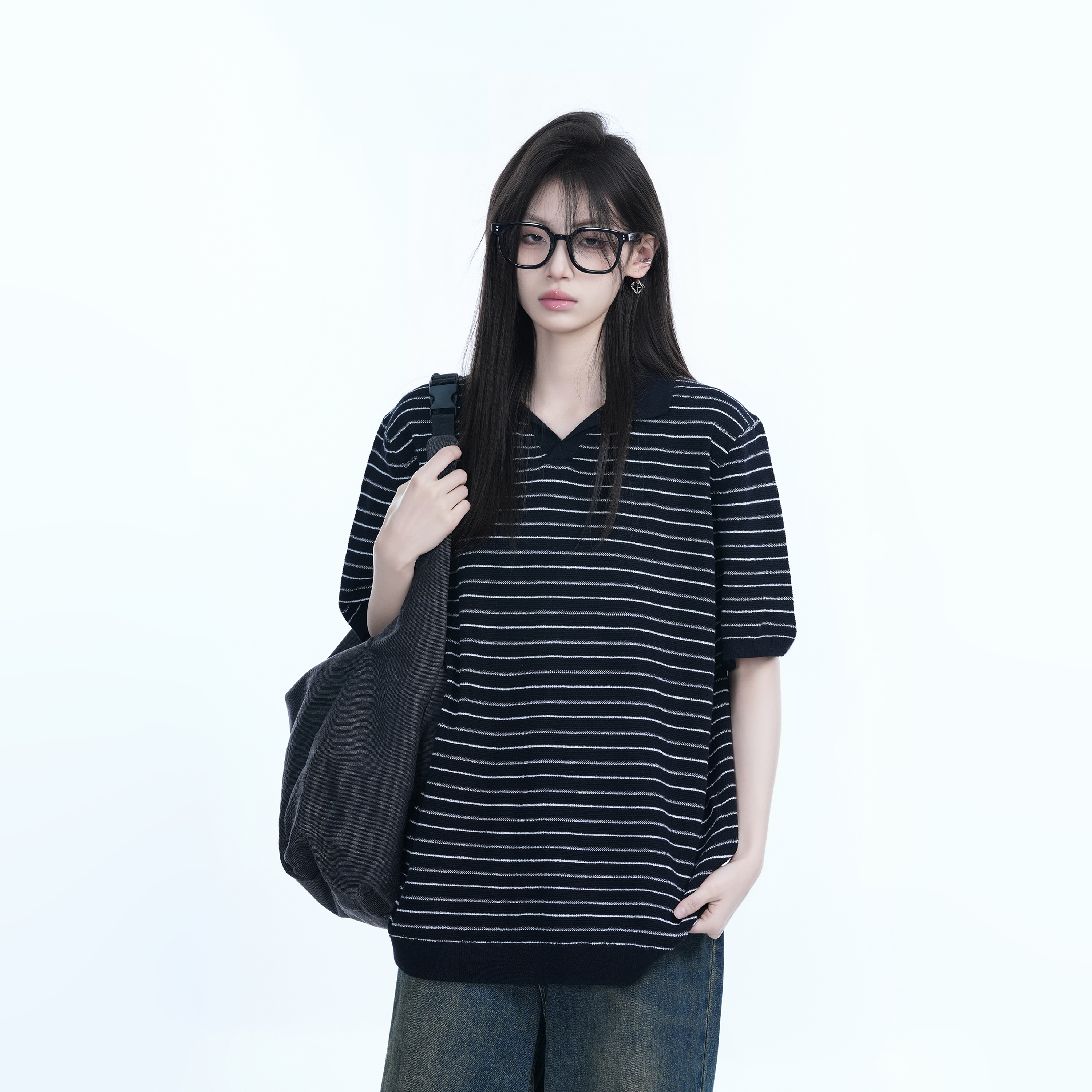Oversized Retro American-Style Striped Short Sleeve T-Shirt for Women - Heavyweight Casual Fashion Top