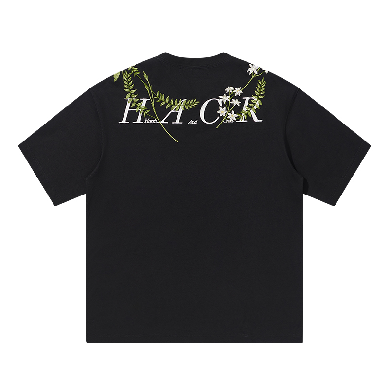 Oversized Short-Sleeve T-Shirt with Chinese-Style Floral Embroidery and Text Layout, Breathable Y2K Fashion Top