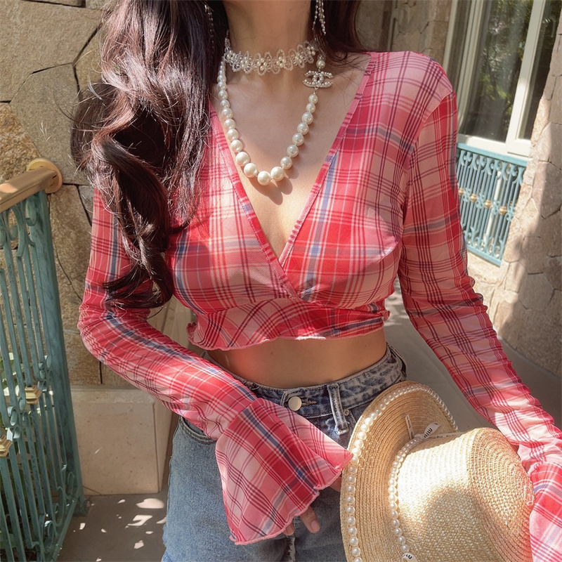 Oversized Slimming Sexy V-Neck Tie Waist Bell Sleeve Short Plaid Shirt for Vacation - Trendy 90s Inspired Style