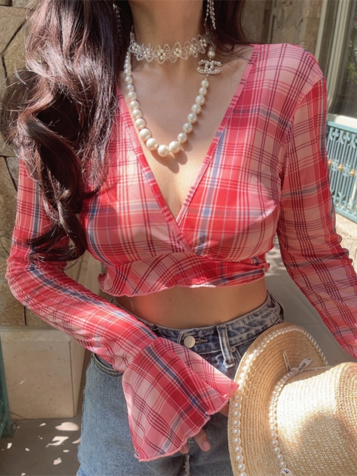 Oversized Slimming Sexy V-Neck Tie Waist Bell Sleeve Short Plaid Shirt for Vacation - Trendy 90s Inspired Style