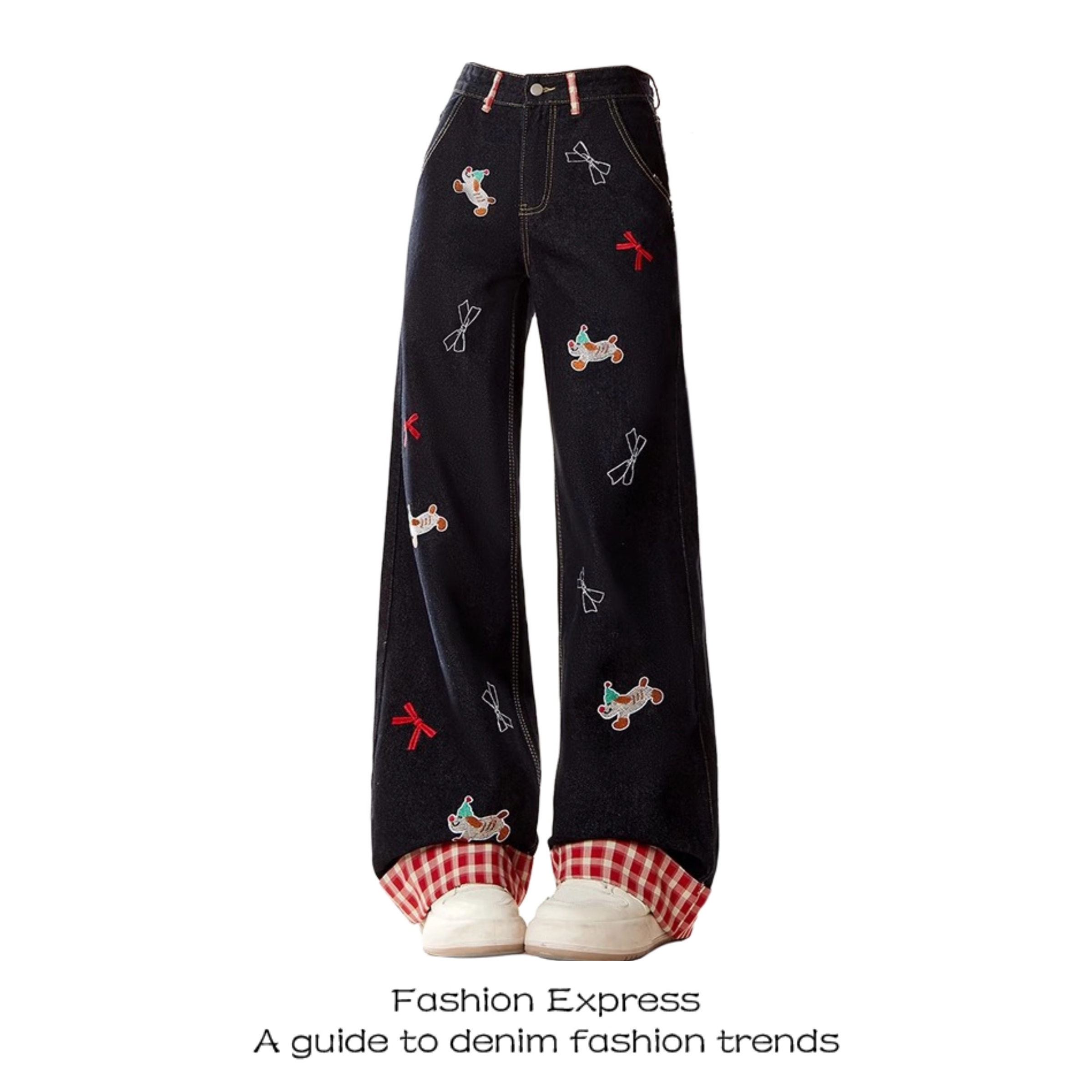 Patchwork Sausage Dog Jeans for Women - Cartoon Design, Wide-Leg Straight Slim Long Pants, American Style, Trendy Spring Fashion
