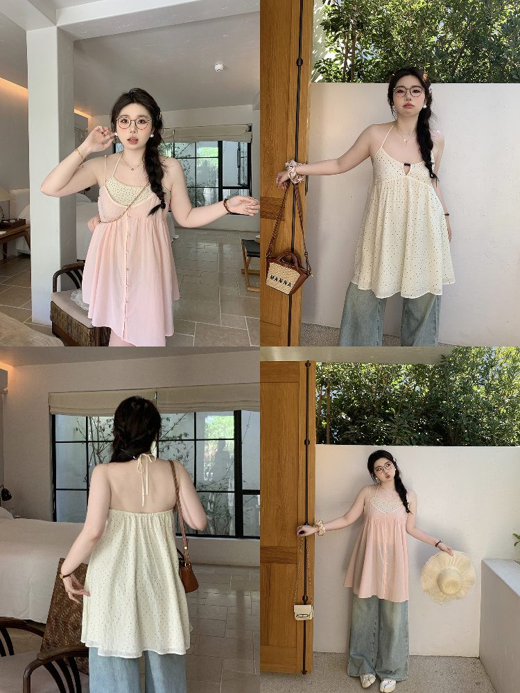Peach Milk Polka Dot Halter Neck Camisole Dress - Sheer Layered Design, Cute Pink Color, Trendy Y2K Style