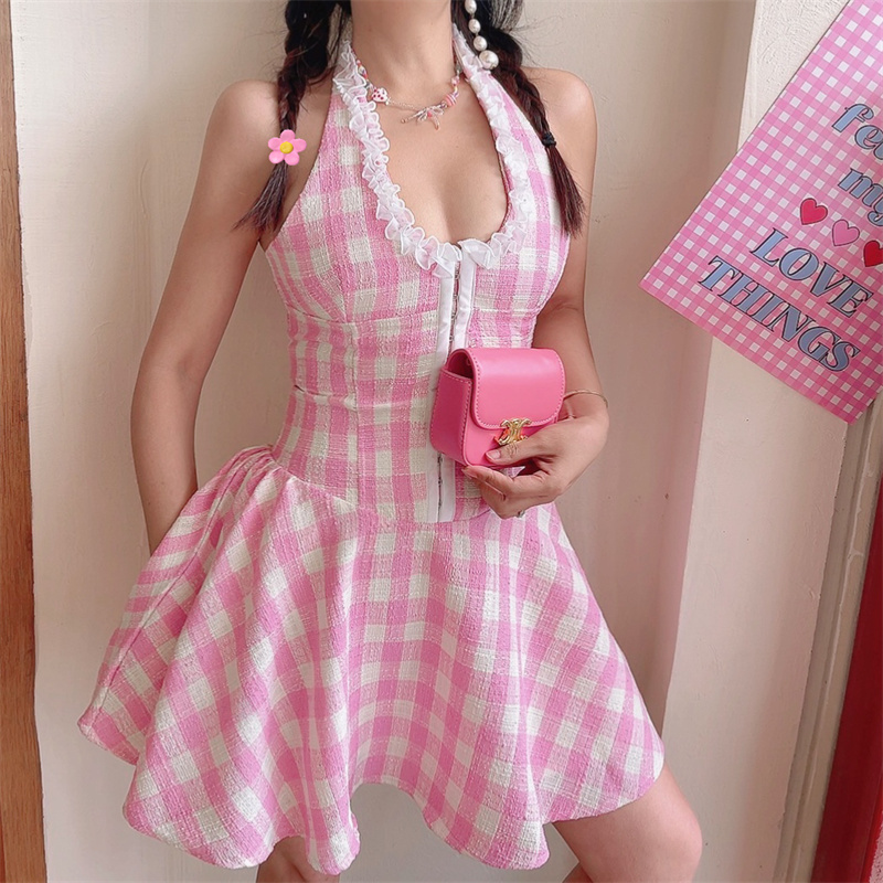 Peach Pink Handmade Off-Shoulder Lace Neckline Chunky Tweed Checkered Waist-Defining Vacation Slip Dress for Women