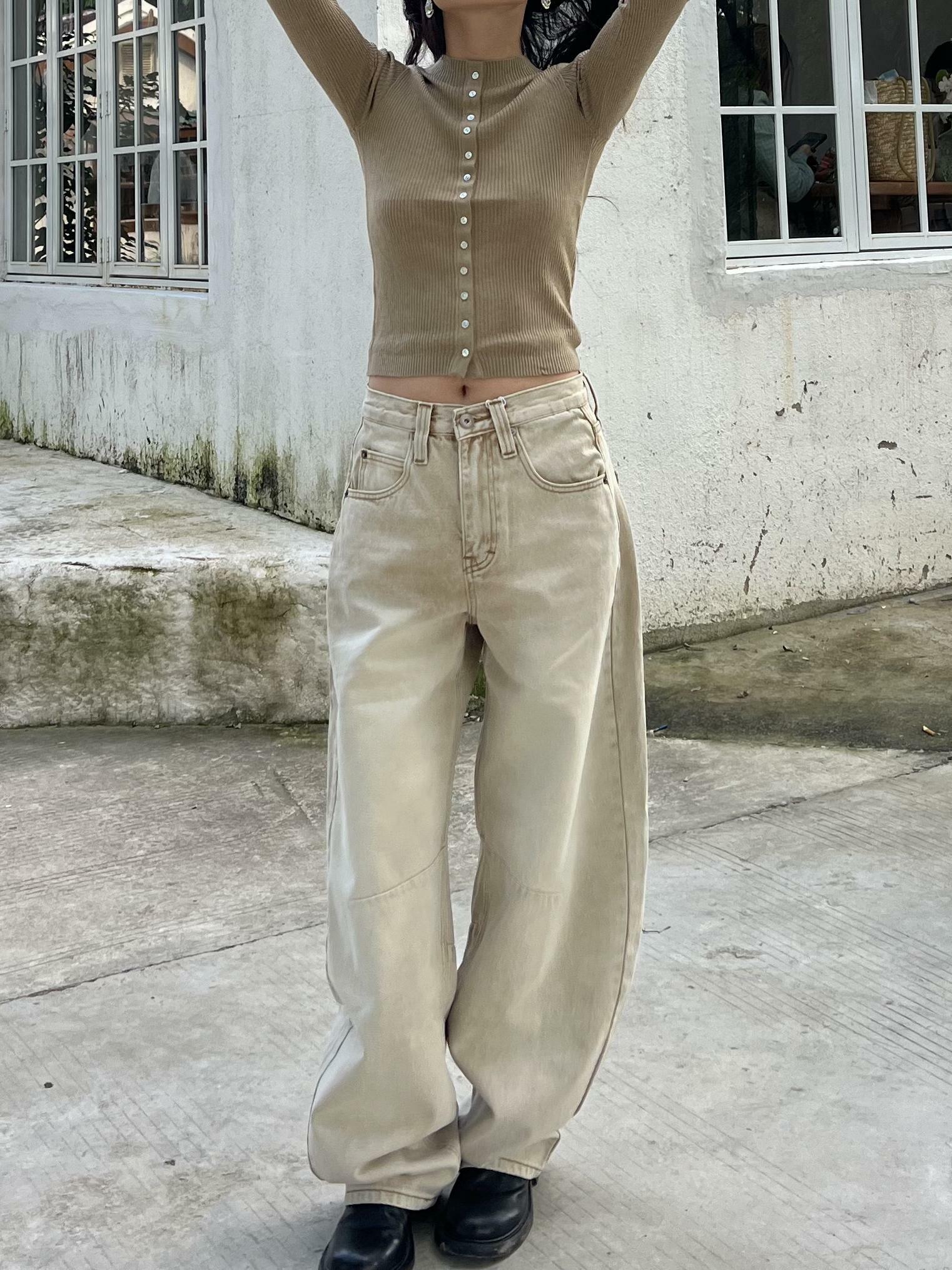 Petite High-Waisted Loose Slim Long Pants in Dirty Beige - Trendy Y2K Style for Women