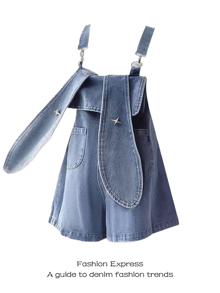 Petite Women's Loose Wide-Leg Denim Overalls with Rabbit Ears - Trendy Autumn Winter Fashion for a Slimming Fit
