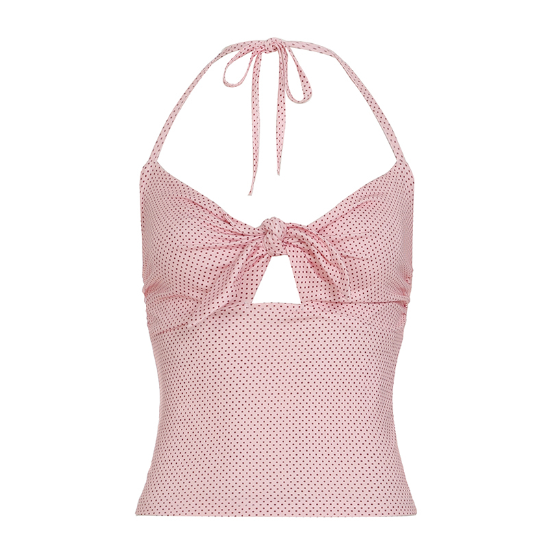 Pink Beauty Hollow Out Twisted Polka Dot Cami Women's Slim Fit Halter Top - French Design, White-Enhancing, Chic Summer Style
