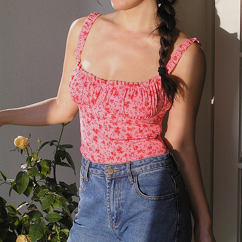 Pink Floral Spaghetti Strap Mermaid Dress - Fitted Vintage-Inspired Tank Top with French Print - Elegant Summer Fashion