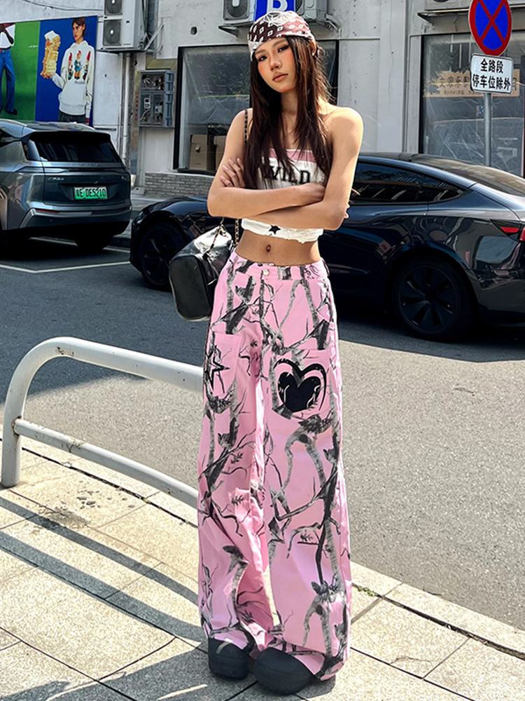 Pink Graffiti Wide-Leg Cargo Pants for Women - Versatile Loose Casual Draped Streetwear, Trendy Dance Style