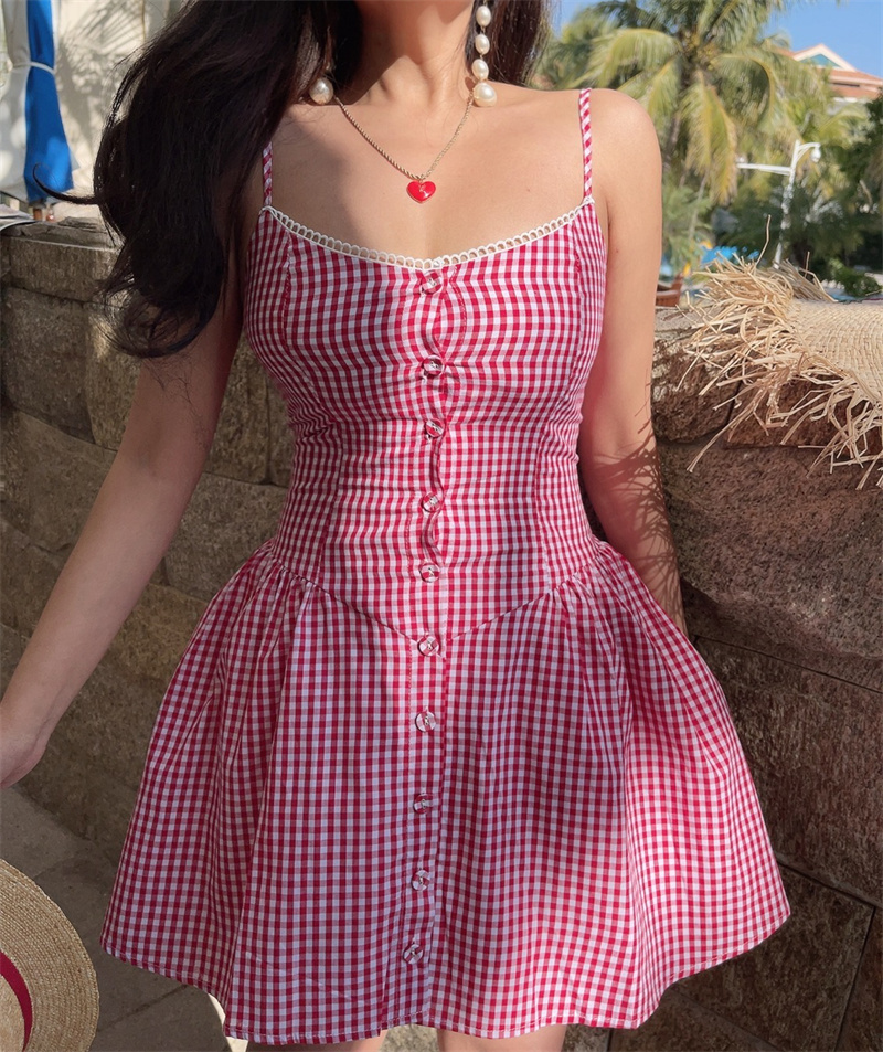 Pink Plaid Waist-Defined Button Cami Dress - Handmade French Vintage Style for Spring/Summer 2025, Perfect for Holiday Looks