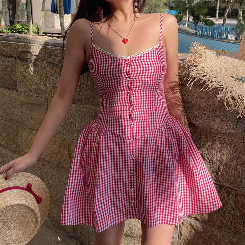 Pink Plaid Waist-Defined Button Cami Dress - Handmade French Vintage Style for Spring/Summer 2025, Perfect for Holiday Looks