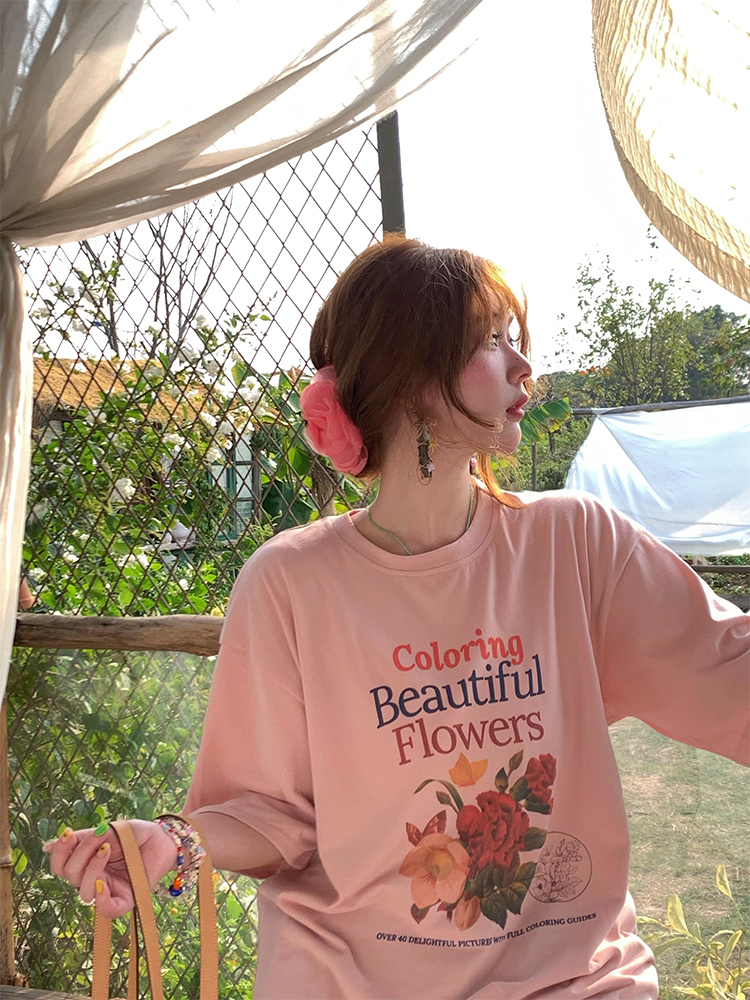 Pink Retro Floral Print Short Sleeve T-Shirt for Women - Summer Loose Fit Round Neck Top - Vintage 90s Style
