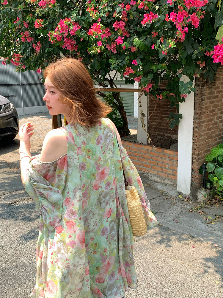 Pink Wave Off-Shoulder Chiffon Tie V-Neck Dress - Women's Vintage Spring A-Line Mid-Length Skirt, 90s Inspired Fashion