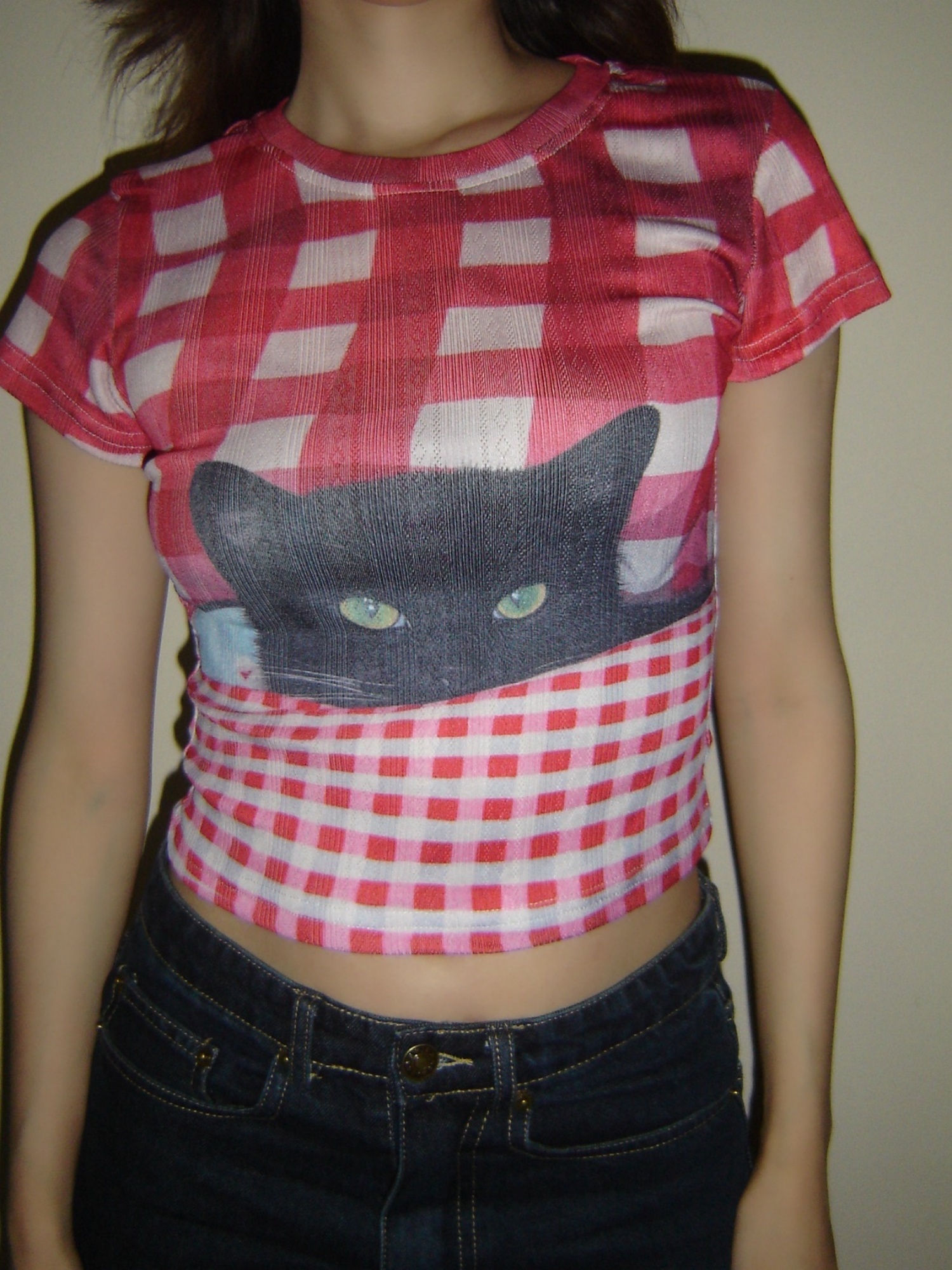Plaid Cat Vintage Print Short Sleeve T-Shirt for Women - 2025 Summer American Hot Girl Style, Trendy Y2K Fashion