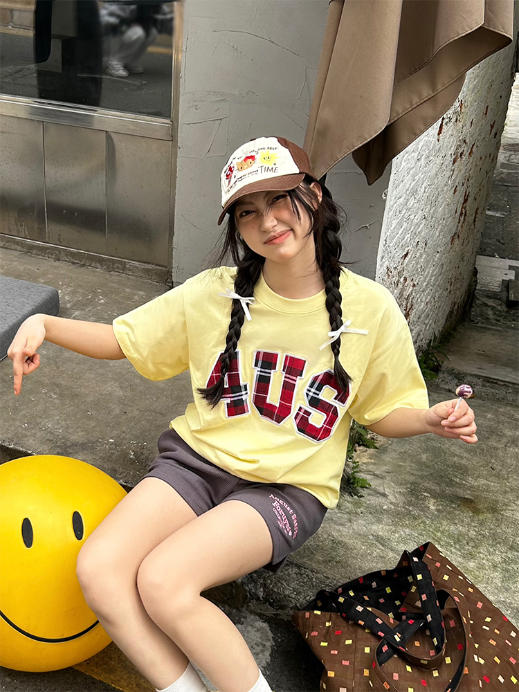 Plaid Patch Embroidery Loose Fit T-Shirt for Couples - Spring Summer National Trend Short Sleeve Top