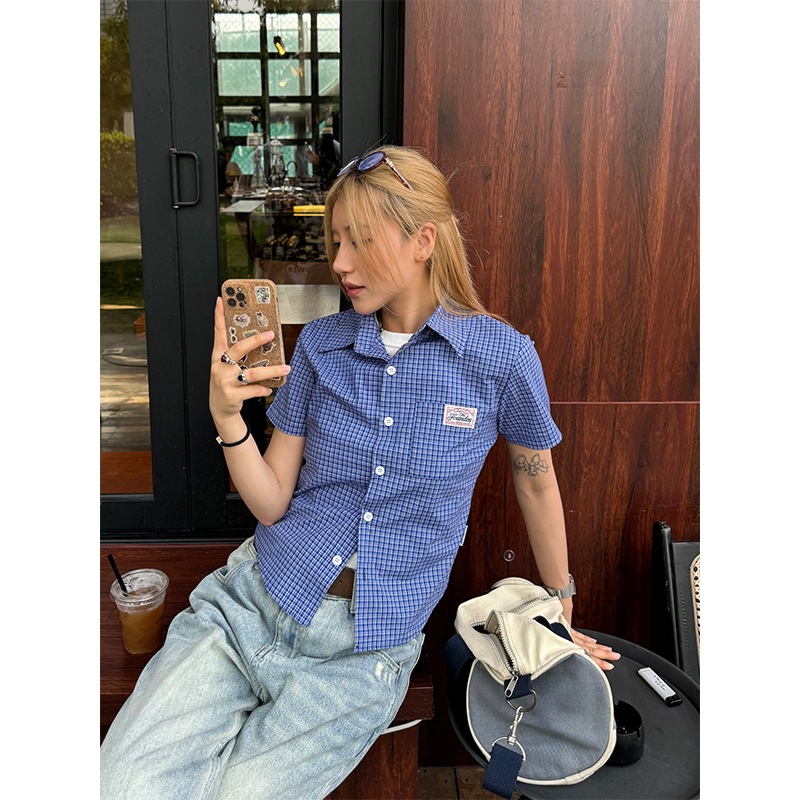 Plaid Short Sleeve Polo Shirt for Women - American High Street Style, Slim Fit, Summer Trendy Top