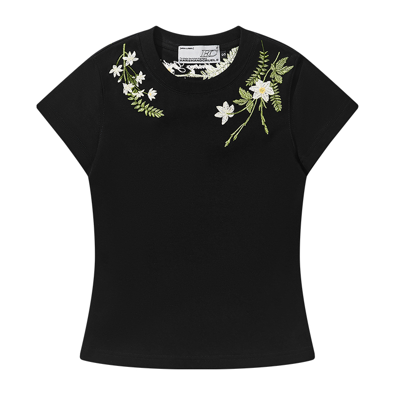 Plant-Themed Floral Embroidery Slim-Fit Round Neck Short Sleeve T-Shirt for Women - Trendy Korean Style Kids Fashion