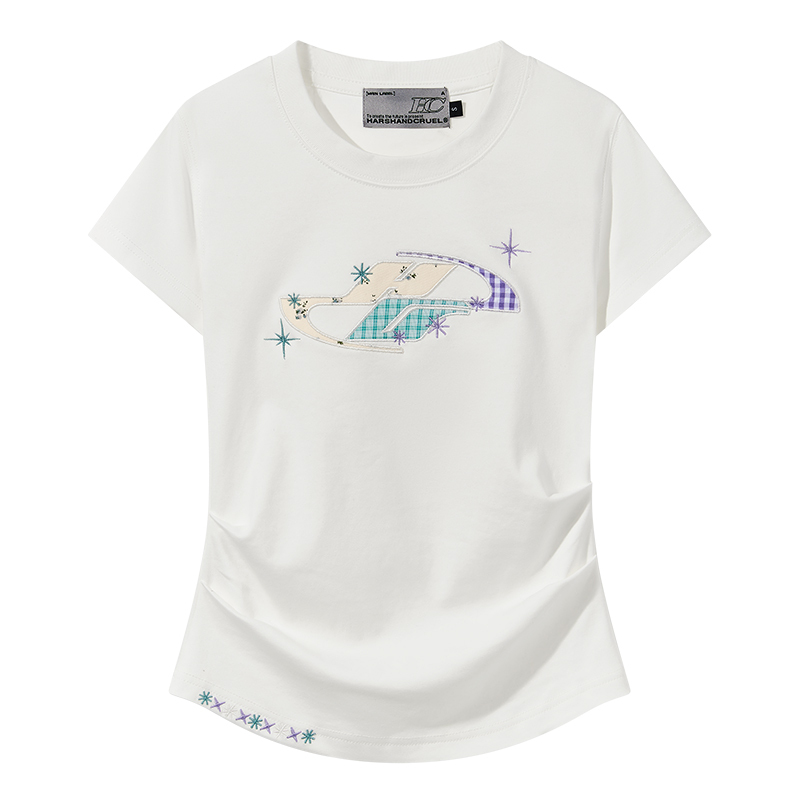 Playful Floral Patchwork Embroidered Pleated Fitted Round Neck Short Sleeve T-Shirt for Women - Y2K Inspired Style