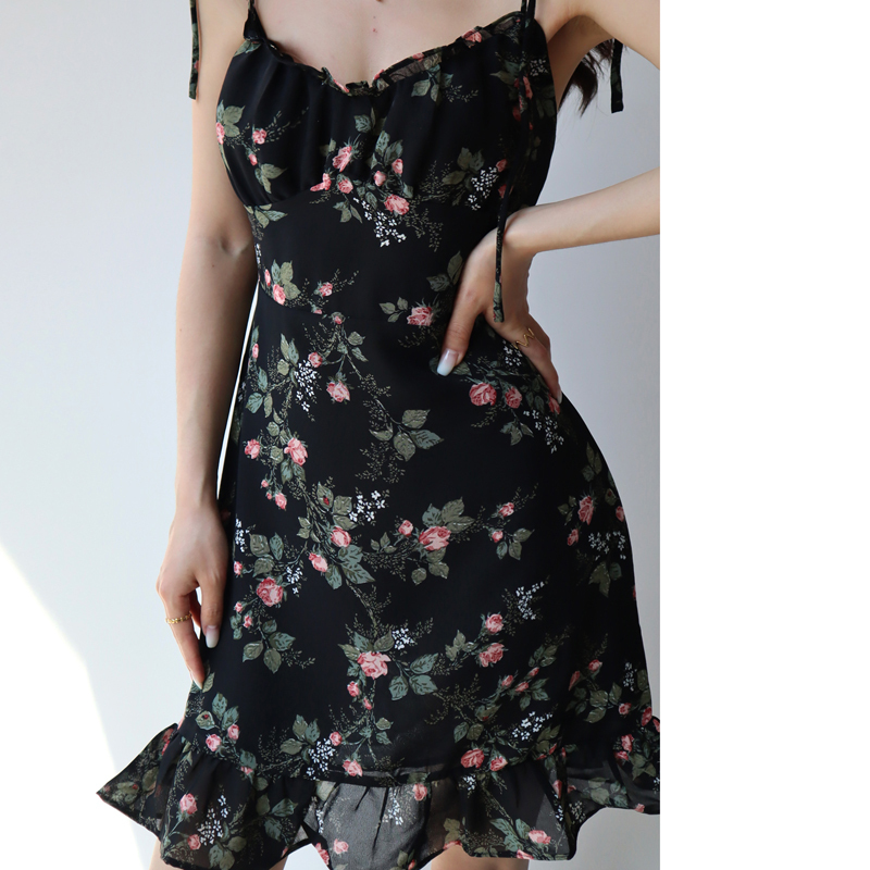 Playful Floral V-Neck Slip Dress - French Style High-Waisted Elastic Tie Long Leg Drape for Effortless Y2K Chic
