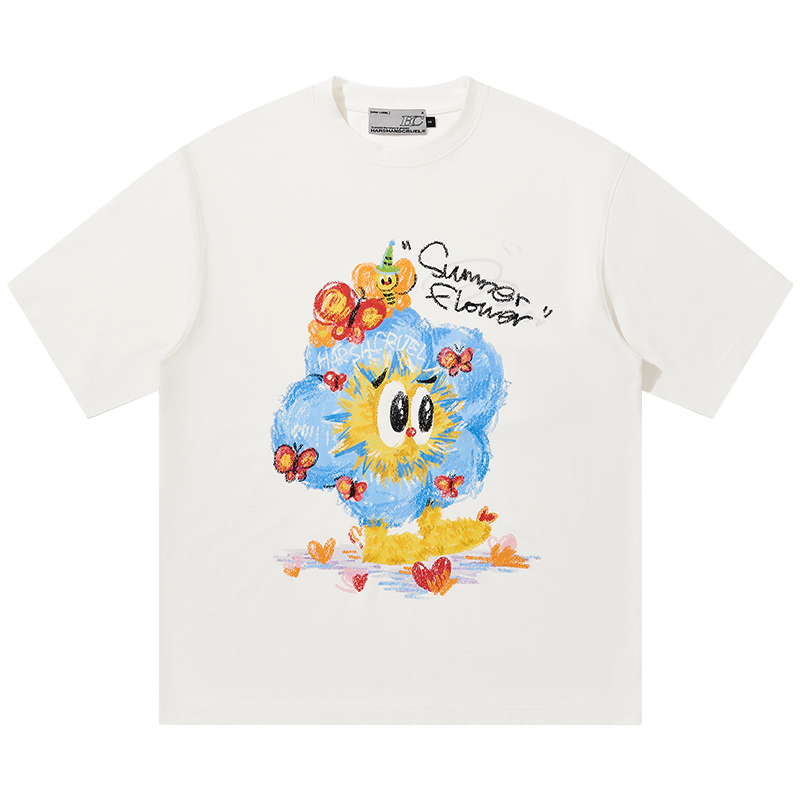 Playful Hand-Painted Apple Tree Print Loose Round Neck Short Sleeve T-Shirt for Men and Women - Casual Unisex Fashion Top