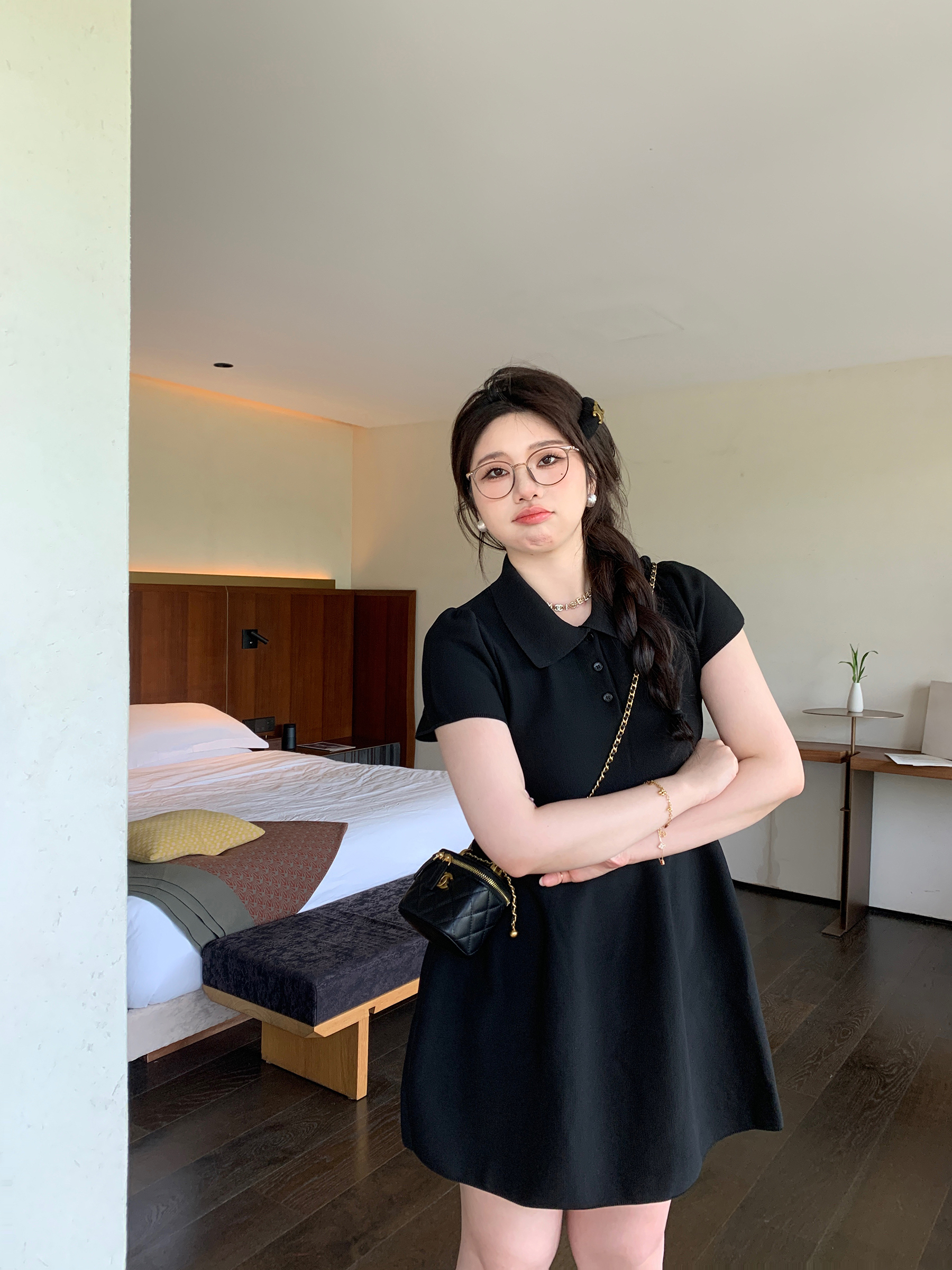 Playful Plus Size Little Black Dress with Polo Collar, Stretchy Slimming Puff A-Line Design for Effortless Style