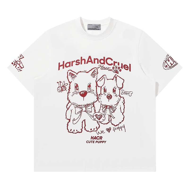 Playful Puppy Hand-Drawn Loose-Fitting Short Sleeve T-Shirt for Couples, Unisex, National Trend, Casual Streetwear