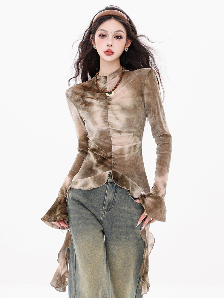 Pleated Long Sleeve Women's Ruffle Top - Rainy Garden Design, Autumn/Winter 2024, Slim Fit, Floral Print, Y2K Style