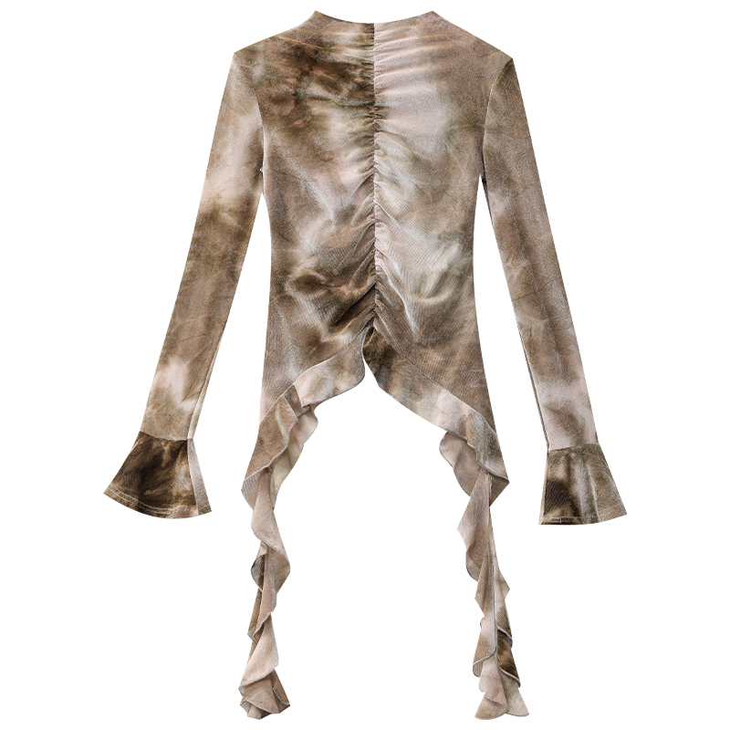 Pleated Long Sleeve Women's Ruffle Top - Rainy Garden Design, Autumn/Winter 2024, Slim Fit, Floral Print, Y2K Style