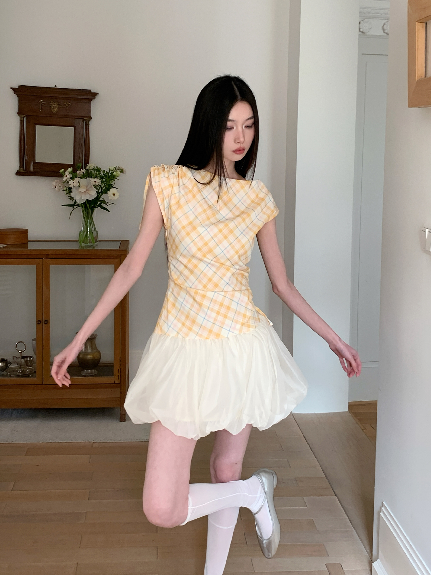 Pleated Summer Flower Bud Dress with Drawstring Waist and Short Sleeves - Slimming Design, Perfect for 90s and Y2K Style