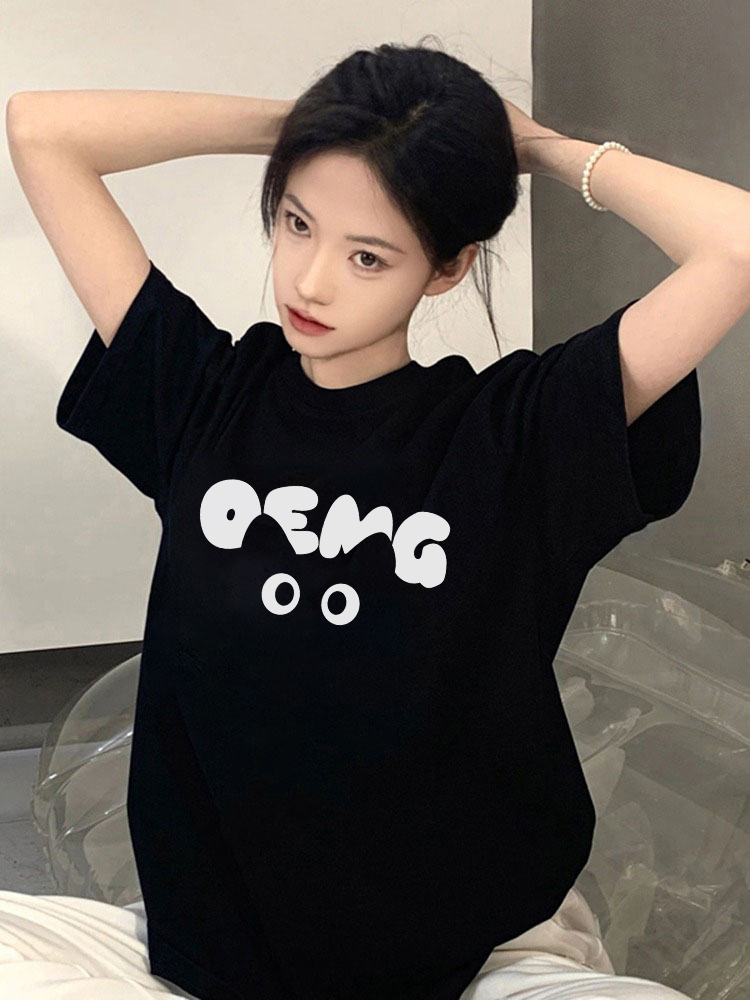 Plus Size American Retro Black Cotton Short Sleeve T-Shirt for Women - Trendy Loose Fit Half Sleeve Top