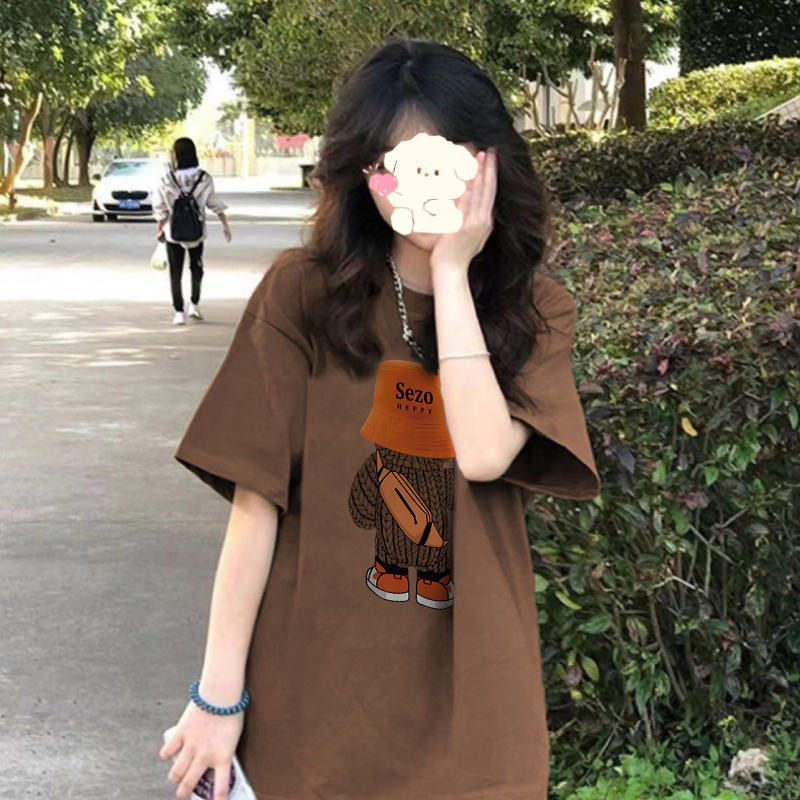 Plus Size American Retro Cartoon Bear Pure Cotton Short Sleeve T-Shirt for Women - Loose Trendy Casual Couple Top