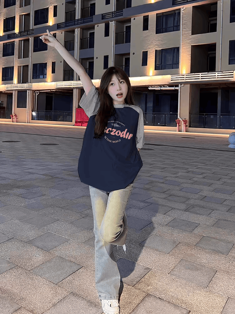 Plus Size American Retro Color-Blocking Raglan Short Sleeve T-Shirt for Women - Trendy Loose Fit Cotton Top