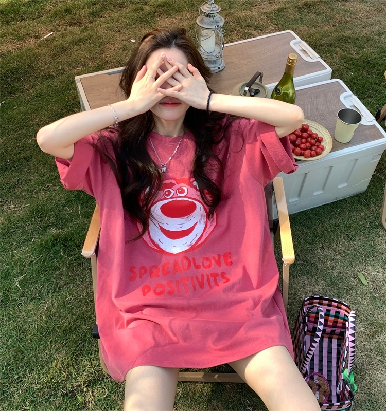 Plus Size American Retro Strawberry Bear Printed Cotton Short Sleeve T-Shirt for Women - Loose Fit Mid-Length Couple Top