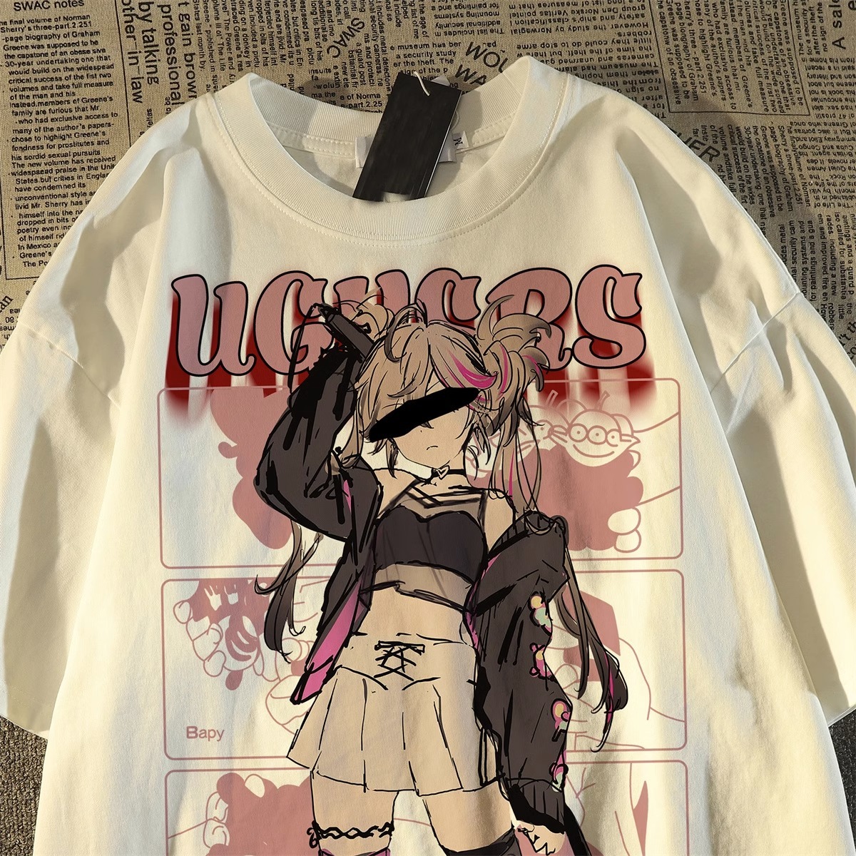 Plus Size American Retro Streetwear Anime Girl Short Sleeve T-Shirt for Men - Casual Loose Fit Cotton Couple Top