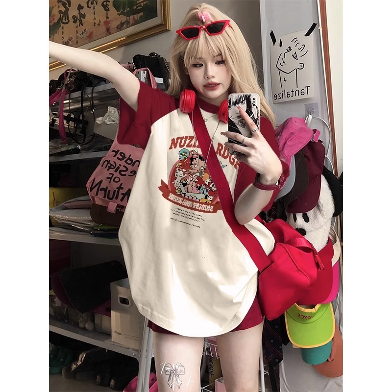 Plus Size American Retro Wine Red Raglan Sleeve Short Sleeve T-Shirt - Trendy Loose Fit Dopamine Style for Women