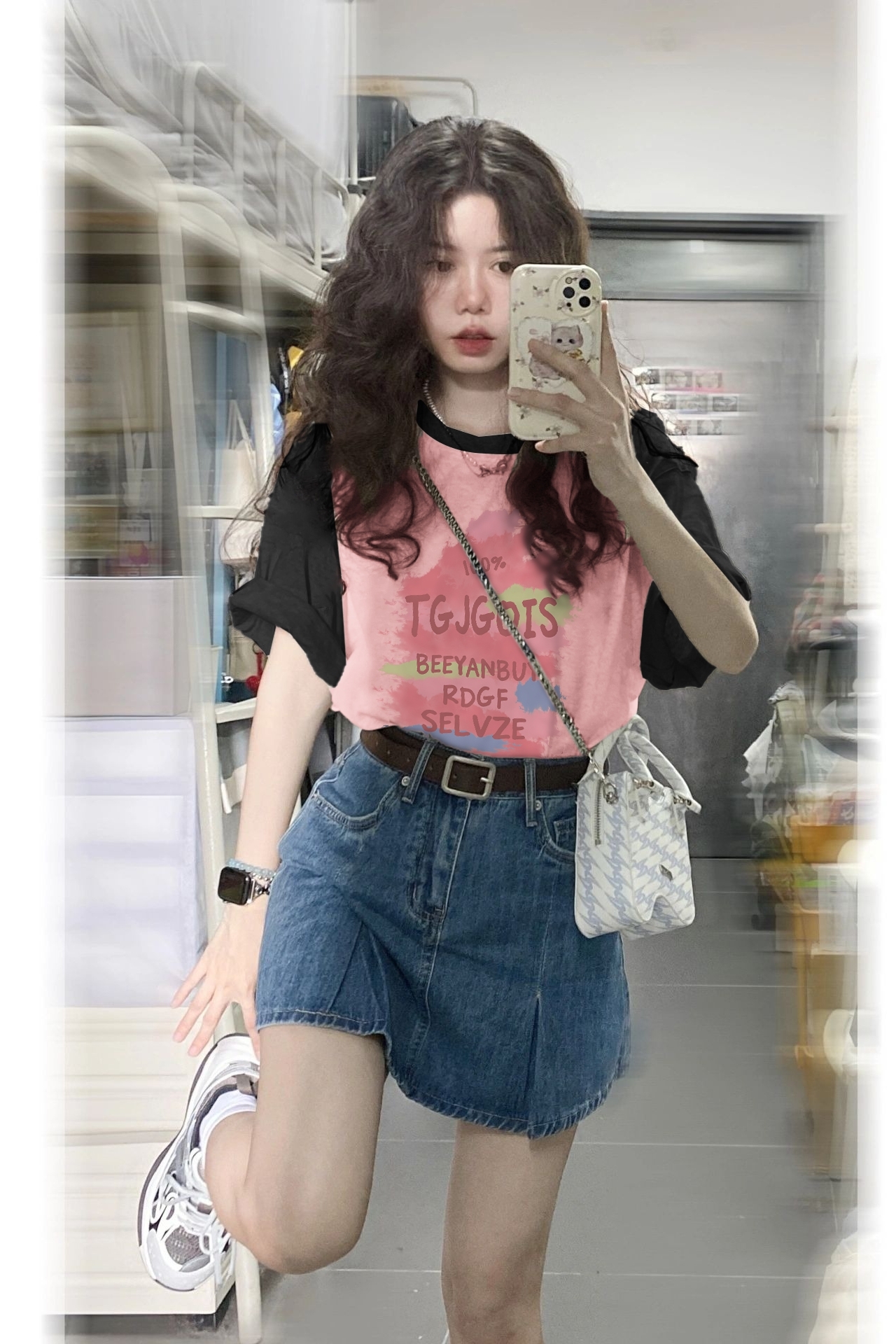 Plus Size Black and Pink Color-Block Half Sleeve T-Shirt - American Retro Sweet Style, Loose Fit, Cotton for Women