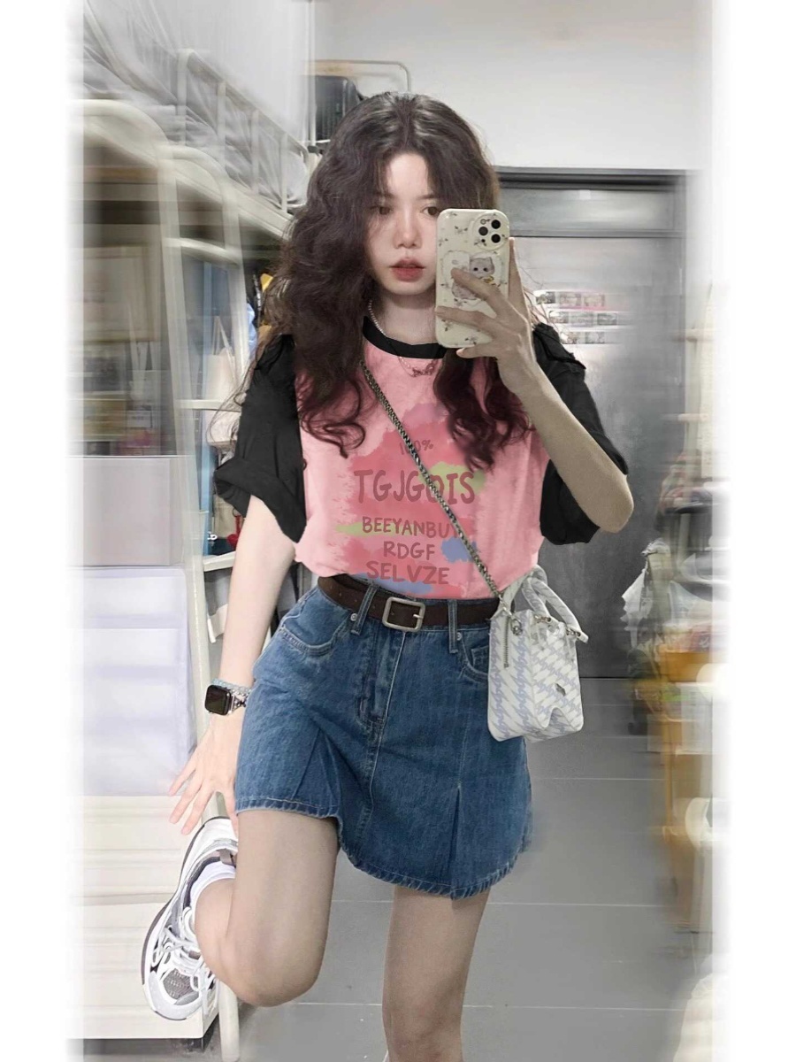 Plus Size Black and Pink Color-Block Half Sleeve T-Shirt - American Retro Sweet Style, Loose Fit, Cotton for Women