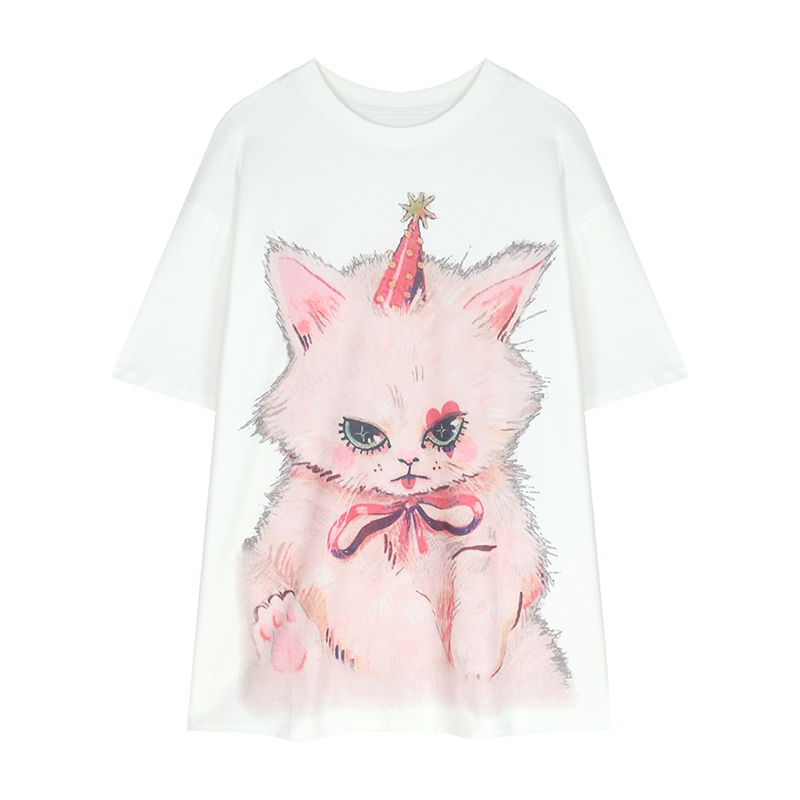 Plus Size Cat Print Mid-Length T-Shirt for Women - Round Neck, Short Sleeve, Loose Casual, Korean Style Cotton Top