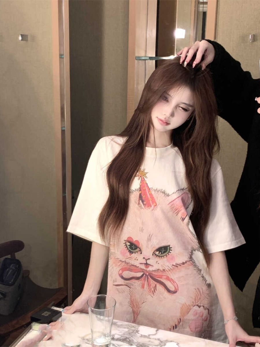 Plus Size Cat Print Mid-Length T-Shirt for Women - Round Neck, Short Sleeve, Loose Casual, Korean Style Cotton Top