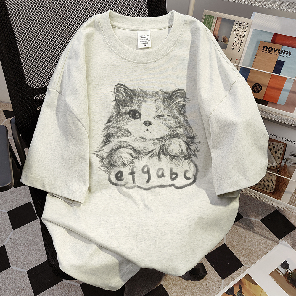 Plus Size Cat Print Short Sleeve T-Shirt for Women - Loose Fit Trendy American Style - Pure Cotton Niche Design
