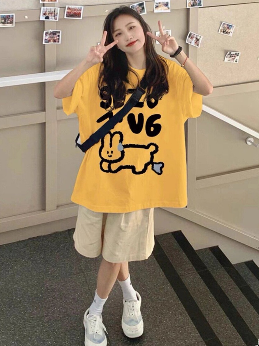 Plus-Size Cotton Short Sleeve T-Shirt for Women, American Vintage, Korean Style Loose Fit, Slimming Tummy-Covering Summer Top