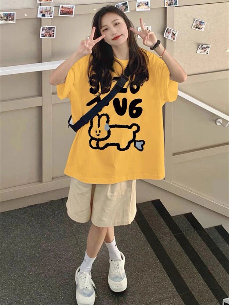 Plus-Size Cotton Short Sleeve T-Shirt for Women, American Vintage, Korean Style Loose Fit, Slimming Tummy-Covering Summer Top